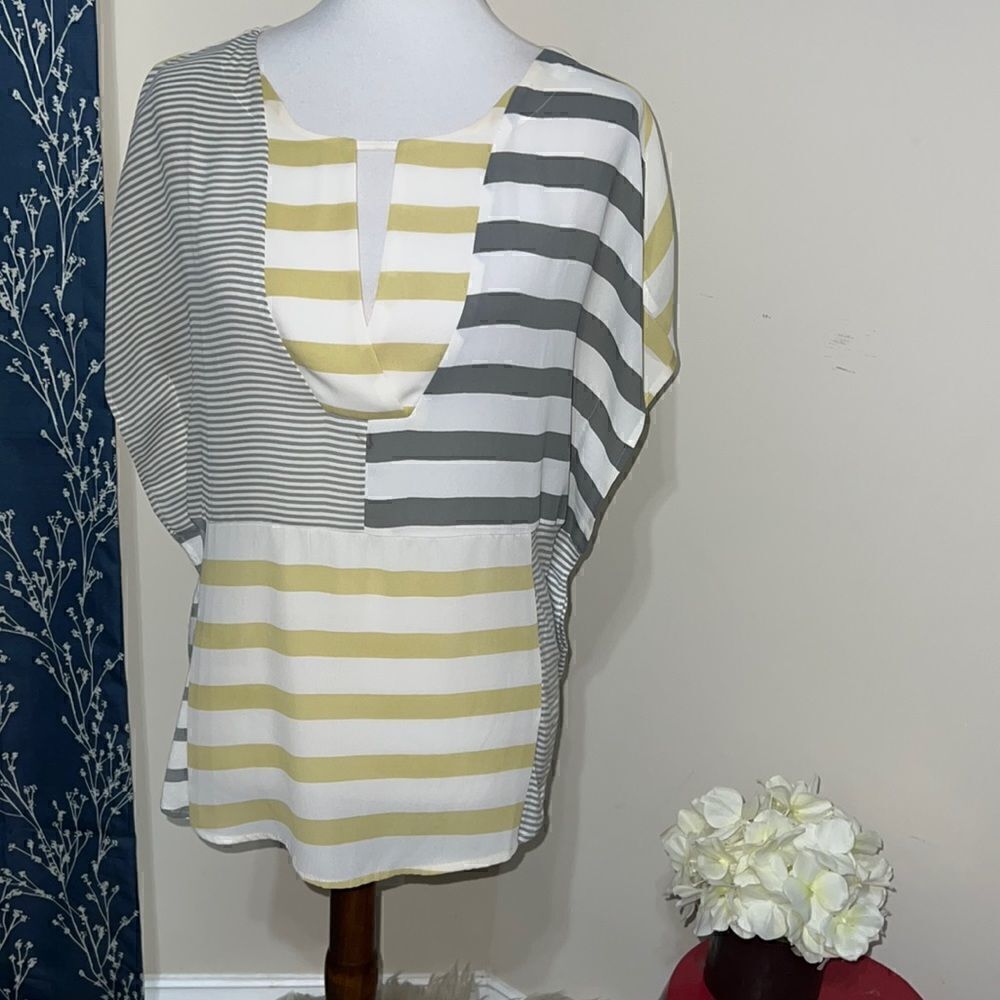 Anthropologie | Anthro One September Striped Short Sleeve Top Yellow Gray sz S